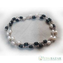 Кантхималы туласи черные + жемчуг с серебром 1 ряд овальная форма (Black Tulasi + Pearl Silver Oval Shape), 5 мм, Индия