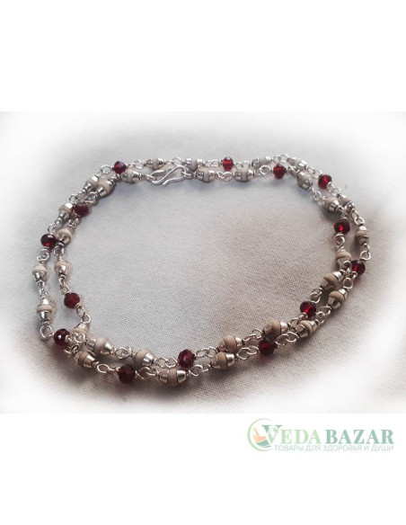 Кантхималы туласи + кристал бордовый с серебром 1 ряд (Tulasi + Crystal Burgundy Silver), 4 мм, Индия