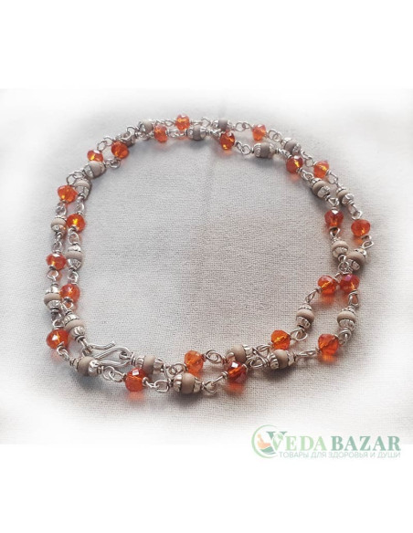 Кантхималы туласи + кристал оранжевый с серебром 1 ряд (Tulasi + Crystal Orange Silver), 4 мм, Индия
