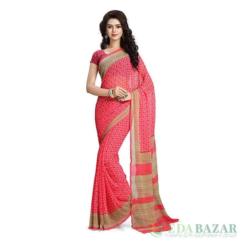 Сари из шифона с красивым орнаментом (цвет — красный), Chiffon Sari with beautiful ornament (color — red)