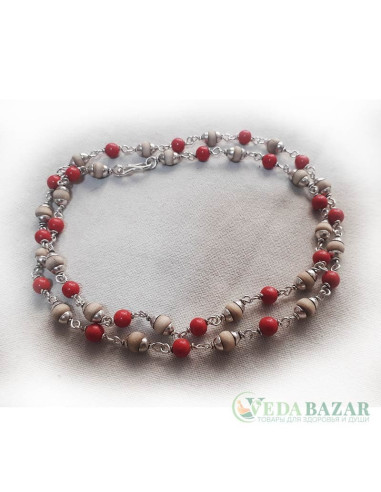 Кантхималы туласи + коралл с серебром 1 ряд (Tulasi + Coral Silver), 4 мм, Индия