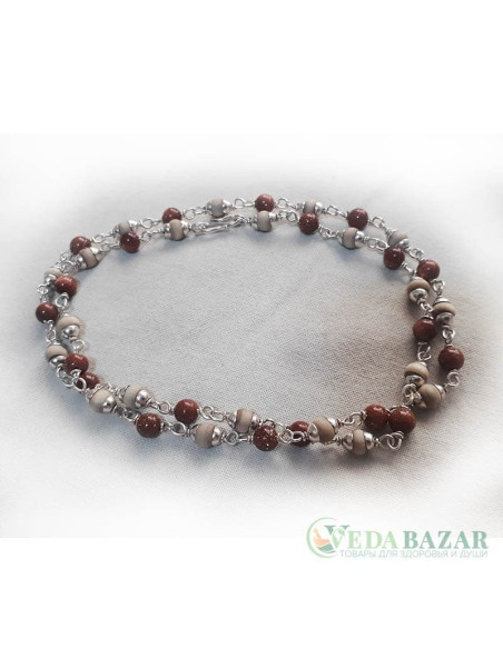 Кантхималы туласи + солнечный камень с серебром 1 ряд (Tulasi + Sunstone Silver), 4 мм, Индия