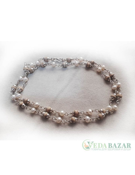 Кантхималы туласи + жемчуг с серебром 1 ряд (Tulasi + Pearl Silver), 4 мм, Индия