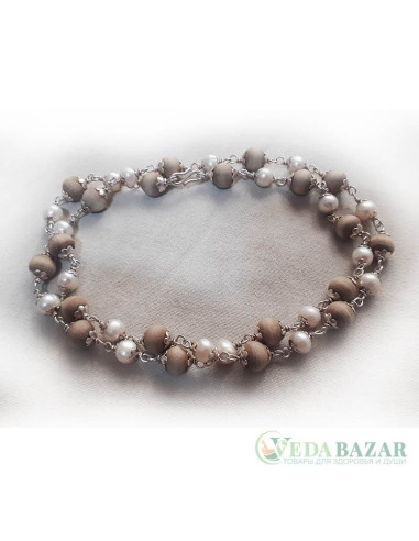 Кантхималы туласи + жемчуг с серебром 1 ряд (Tulasi + Pearl Silver), 7 мм, Индия
