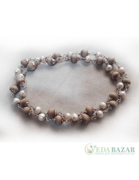 Кантхималы туласи + жемчуг с серебром 1 ряд (Tulasi + Pearl Silver), 7 мм, Индия