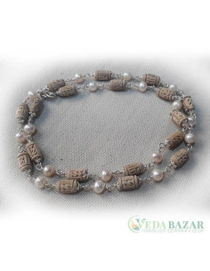 Кантхималы туласи + жемчуг с серебром надпись Радха 1 ряд (Tulasi + Pearl Silver Radha), 5 мм, Индия