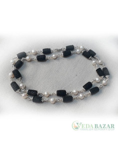Кантхималы туласи черные + жемчуг с серебром надпись Радха 1 ряд (Tulasi + Pearl Silver Radha), 5 мм, Индия