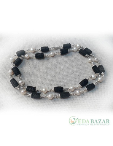 Кантхималы туласи черные + жемчуг с серебром надпись Радха 1 ряд (Tulasi + Pearl Silver Radha), 5 мм, Индия