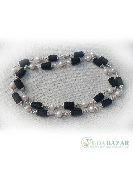 Кантхималы туласи черные + жемчуг с серебром надпись Радха 1 ряд (Tulasi + Pearl Silver Radha), 5 мм, Индия