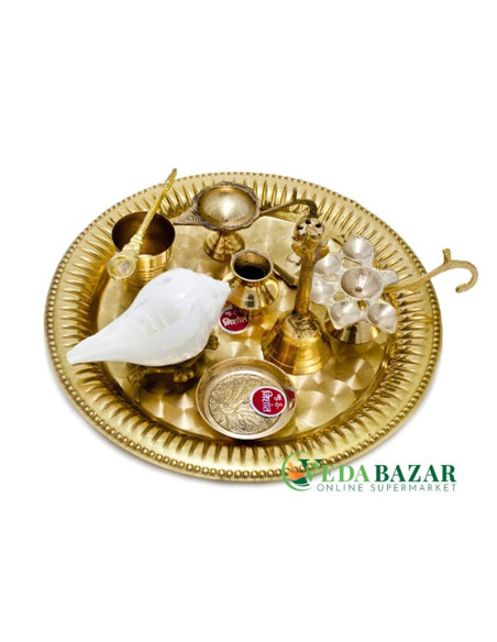 Набор для пуджи, латунь, средний размер (Set for puja, brass, average size), 8 предметов