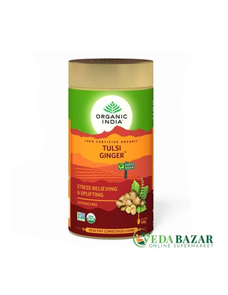 Туласи Имбирь в жестяной банке (Tulsi Ginger), 100гр.,Органик Индия (Organic India)