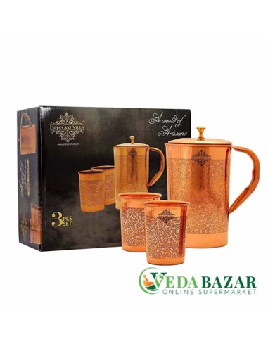Купить Медный кувшин с 2 стаканами, тисненый дизайн Арт Вилла (Copper Jug with 2 Glass, Embossed Design, Art Villa), 1500мл, 300