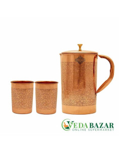 Медный кувшин с 2 стаканами, тисненый дизайн (Copper Jug with 2 Glass, Embossed Design), 1500мл, 300мл