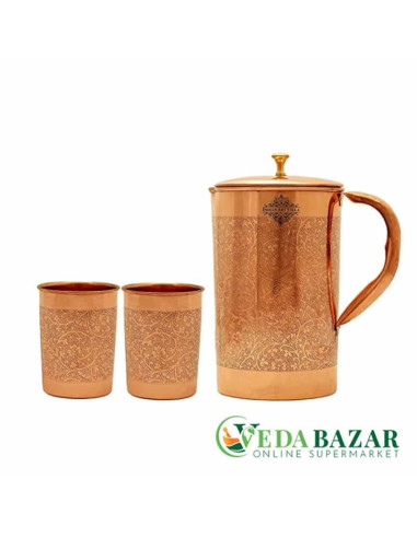 Медный кувшин с 2 стаканами, тисненый дизайн (Copper Jug with 2 Glass, Embossed Design), 1500мл, 300мл