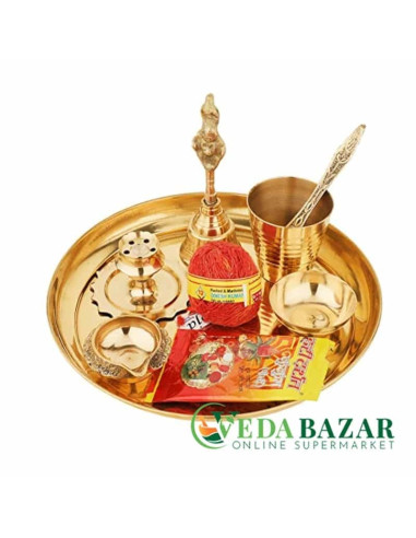 Набор для пуджи, латунь, средний размер (Set for puja, brass, average size), 7 предметов
