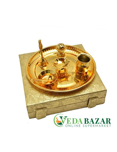 Набор для пуджи из латуни, золотистый (Brass Pooja Thali Set), 23,5 x 23,5 x 6,35 см, Ведабазар (Vedabazar)