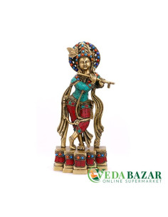 Медная статуя Кришны, разноцветная (Brass Lord Krishna Statue), 30,5 см , Ведабазар (Vedabazar)