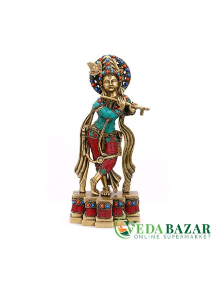 Медная статуя Кришны, разноцветная (Brass Lord Krishna Statue), 30,5 см , Ведабазар (Vedabazar)