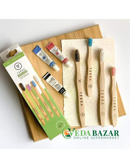 Тонкие бамбуковые зубные щетки,  (Slim Bamboo Toothbrushes), набор из 4 мягких щетинок, Террабраш (Terrabrush)