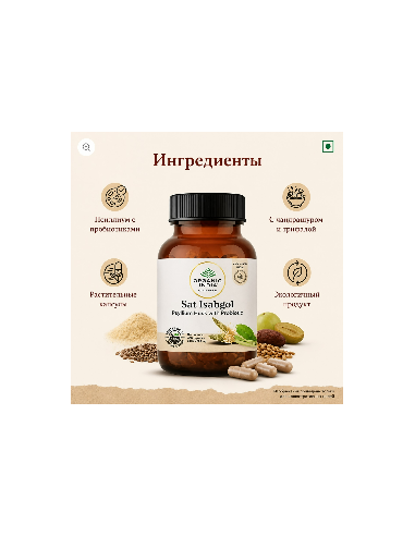 Сатовская клетчатка - Сат исабгол (псиллиум) с пробиотиками, для здоровья кишечника, 60 кап., Organic India