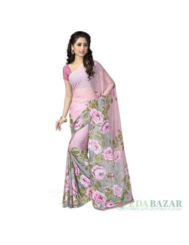 Сари из шифона с красивым рисунком (цвет — розовый), Chiffon Sari with beautiful pattern (color — pink)